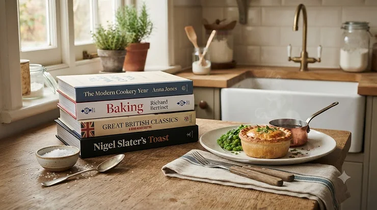 Hardcover traditional British cookery books stacked on a wooden kitchen table next to a homemade Sunday roast. traditional british recipes books