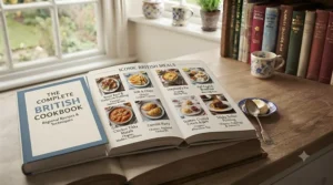 Visual guide graphic linking iconic British meals like fish and chips and pie to classic recipe book chapters.