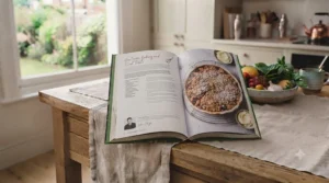 A vegetarian baking and dessert book showcasing a freshly baked fruit tart.