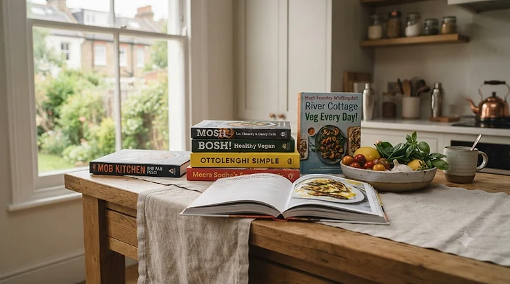 A colourful display of the best-selling vegetarian cookbooks in the UK, featuring popular British recipes and author titles. vegetarian cookbook bestsellers