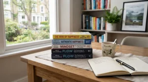 A selection of positive psychology books exploring human happiness, resilience, and mental wellbeing.