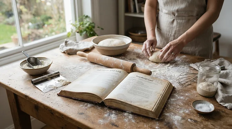 Baking ingredients scattered around gordon ramsay cookbooks on a flour-dusted wooden tabletop
