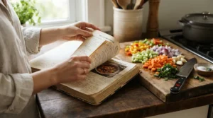 Hands flipping through pages of gordon ramsay cookbooks while preparing a Sunday roast dinner