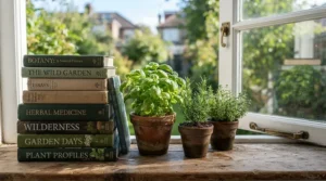 A stack of well-loved gordon ramsay cookbooks resting on a kitchen windowsill filled with potted herbs