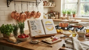 A rustic wooden kitchen table displaying various gordon ramsay cookbooks next to fresh vegetables and a stainless steel pan