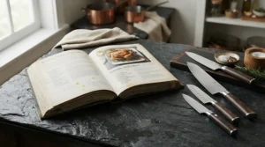 Professional gordon ramsay cookbooks opened to a complex sauce recipe beside professional knives