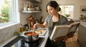 A busy parent using gordon ramsay cookbooks to plan quick family dinners after work