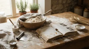 Jamie oliver cookbooks surrounded by flour and mixing bowls during a weekend baking session at home