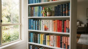 Jamie oliver cookbooks neatly organised as a complete collection in a brightly lit modern family living room