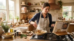 Jamie oliver cookbooks laid open on a kitchen island while a home cook prepares a traditional Sunday roast dinner