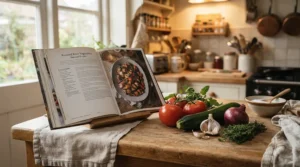 Jamie oliver cookbooks open on a busy kitchen counter alongside five fresh ingredients ready for a quick evening meal