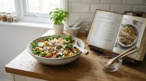 Jamie oliver cookbooks propped up on a kitchen stand for easy reading while making a vibrant green salad