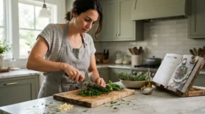 Jamie oliver cookbooks used for rustling up quick mid-week meals in a bustling urban apartment kitchen