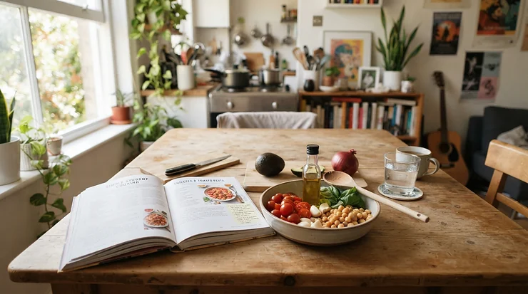 Jamie oliver cookbooks resting on a compact kitchen table in a cosy student flat for affordable meal planning