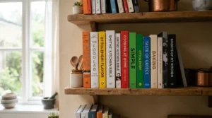 A neat display of mary berry cookbooks showcasing famous baking books in a bright country kitchen.