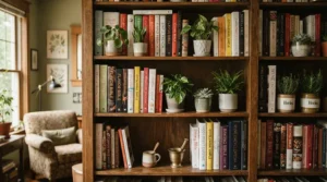 A dedicated home library shelf filled with a comprehensive set of mary berry cookbooks.
