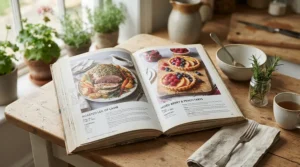Inspirational food photography inside classic mary berry cookbooks for traditional weekend meals.