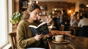 A reader enjoying a hot drink in a cafe while studying plant based diet books.