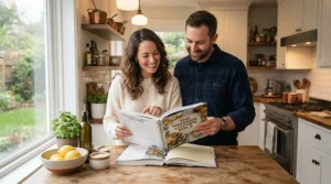 A family browsing plant based diet books together while cooking a healthy dinner in a modern kitchen.
