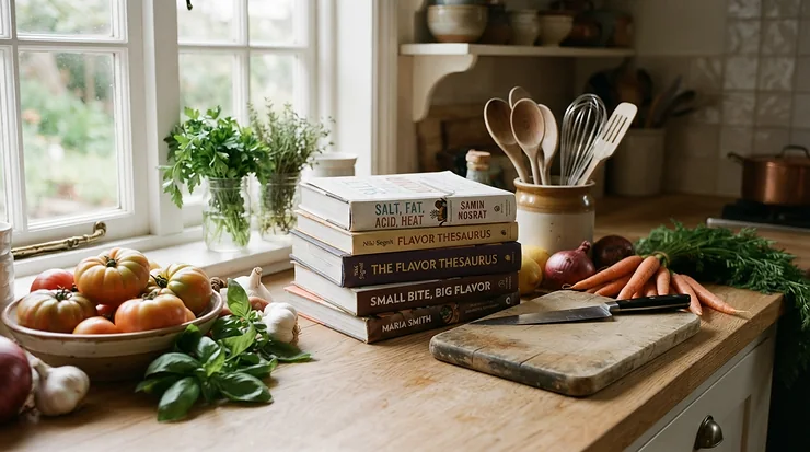 A neat stack of plant based diet books on a bright kitchen counter next to fresh vegetables and a chopping board.