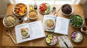 Open plant based diet books laid out on a table during weekly meal preparation with colourful ingredients.