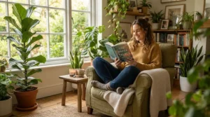 A person reading plant based diet books in a cosy armchair with a cup of herbal tea.
