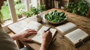 Someone writing a grocery list beside open plant based diet books and fresh farmers market produce.