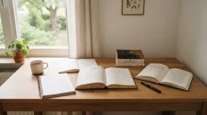 Plant based diet books arranged neatly on a student desk with notes and a laptop for research.